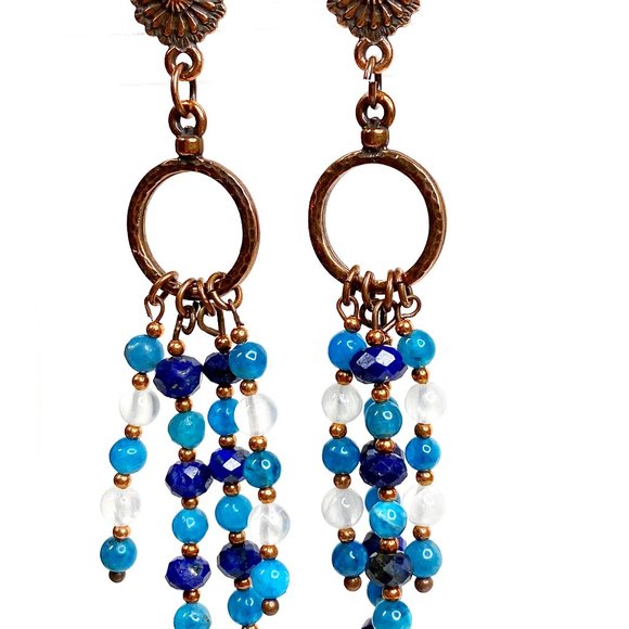 Lapis Lazuli Blue Apatite Selenite Antique Copper Flower Earrings - Picture 8 of 8